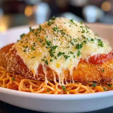 Close-up of crispy Chicken Parmesan topped with melted mozzarella and Parmesan cheese, served over spaghetti with marinara sauce and garnished with parsley.