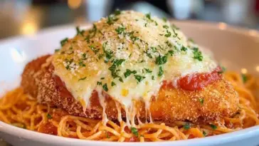 Crispy breaded Chicken Parmesan topped with melted cheese and fresh parsley, served on a bed of spaghetti with marinara sauce in a white bowl.