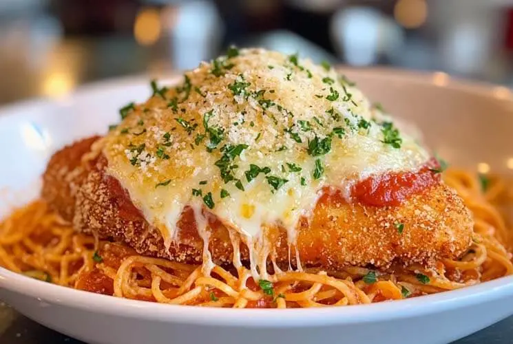 Crispy breaded Chicken Parmesan topped with melted cheese and fresh parsley, served on a bed of spaghetti with marinara sauce in a white bowl.