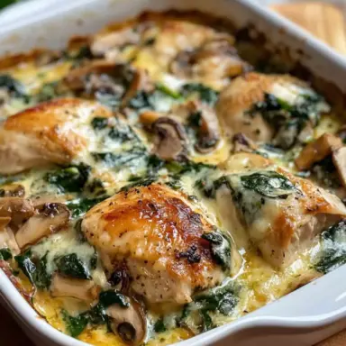 Golden baked chicken breasts in a creamy spinach and mushroom sauce, served in a white oven dish – a healthy low carb and keto-friendly dinner recipe.
