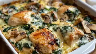 Golden, oven-baked chicken breasts nestled in a creamy spinach and mushroom sauce, served hot in a white casserole dish — keto and low carb friendly.