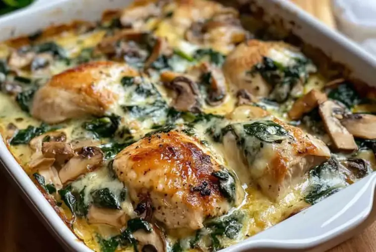 Golden, oven-baked chicken breasts nestled in a creamy spinach and mushroom sauce, served hot in a white casserole dish — keto and low carb friendly.