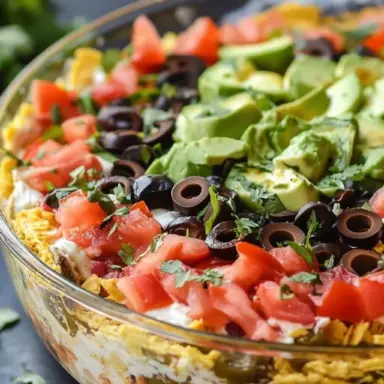 Close-up of a vibrant 7 Layer Dip in a glass dish, featuring layers of refried beans, sour cream, guacamole, salsa, shredded cheese, chopped tomatoes, black olives, and fresh avocado.