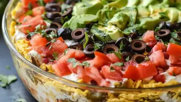 A vibrant glass dish of 7 Layer Dip featuring clearly visible layers of refried beans, sour cream, guacamole, salsa, shredded cheese, diced tomatoes, black olives, and avocado chunks, garnished with chopped cilantro.