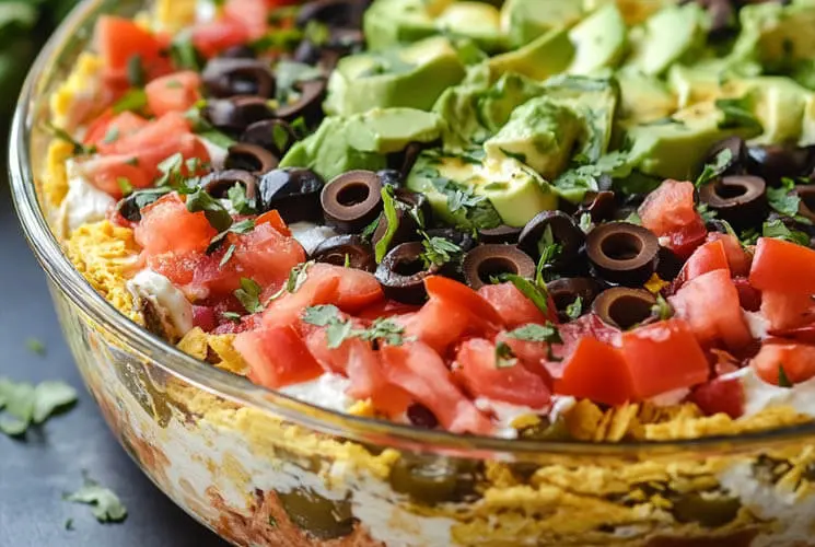 A vibrant glass dish of 7 Layer Dip featuring clearly visible layers of refried beans, sour cream, guacamole, salsa, shredded cheese, diced tomatoes, black olives, and avocado chunks, garnished with chopped cilantro.