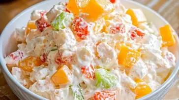 A vibrant bowl of Ambrosia Salad featuring chunks of pineapple, grapes, mandarin oranges, and cherries mixed with marshmallows in a creamy dressing.