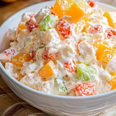 A close-up of creamy Ambrosia Salad in a white bowl, featuring colorful chunks of pineapple, grapes, mandarin oranges, and marshmallows in a fluffy whipped dressing.