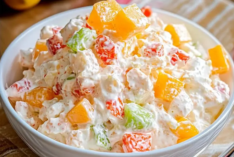 A vibrant bowl of Ambrosia Salad featuring chunks of pineapple, grapes, mandarin oranges, and cherries mixed with marshmallows in a creamy dressing.