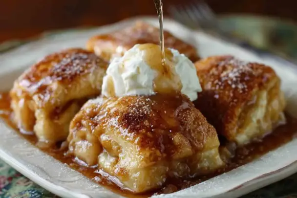 Close-up of golden-brown Amish Apple Dumplings topped with whipped cream and drizzled with cinnamon syrup on a white plate.