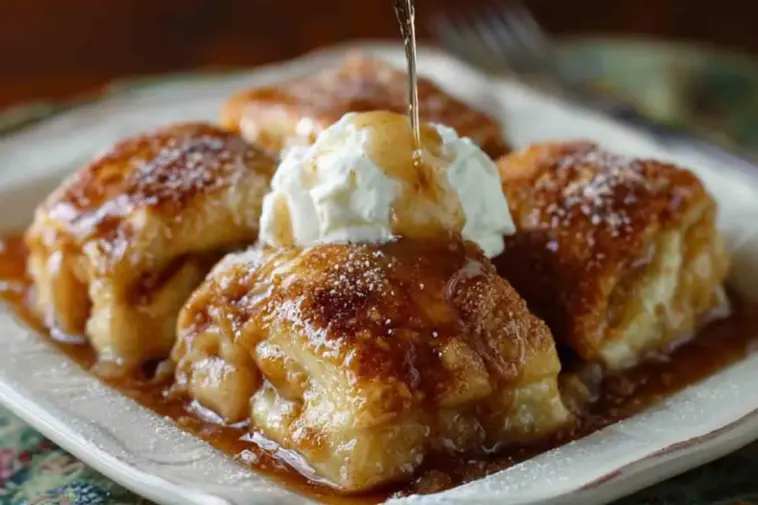 Close-up of golden-brown Amish Apple Dumplings topped with whipped cream and drizzled with cinnamon syrup on a white plate.