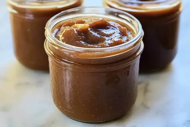 Close-up of rich, spiced homemade apple butter in glass jars, ideal for spreading on toast or packaging as fall gifts