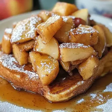 Close-up of thick-cut French toast piled with cinnamon-spiced apple pie filling, drizzled with syrup and dusted with powdered sugar on a white plate.