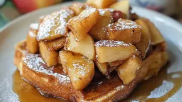 Golden French toast slice topped with cinnamon-sugar apple chunks, powdered sugar, and maple syrup on a white plate with a blurred apple and coffee cup in the background.