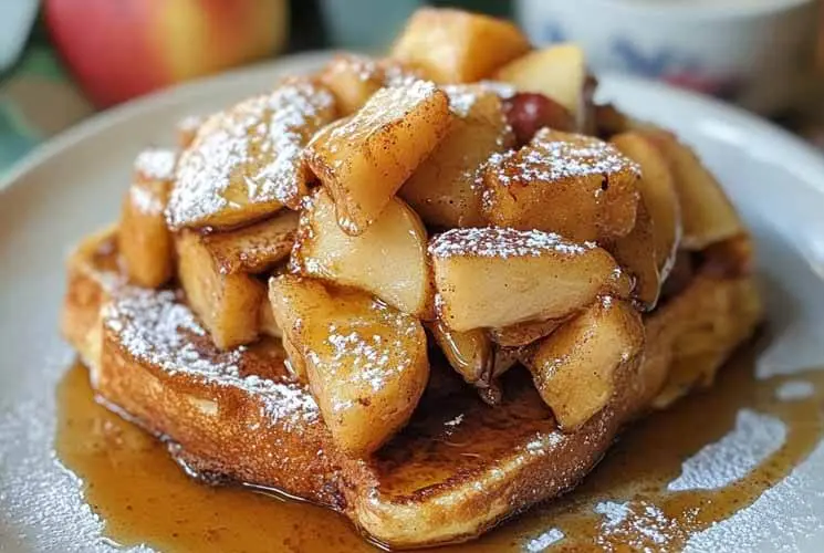 Golden French toast slice topped with cinnamon-sugar apple chunks, powdered sugar, and maple syrup on a white plate with a blurred apple and coffee cup in the background.