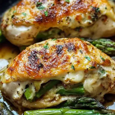 Golden-baked chicken breasts stuffed with fresh asparagus and melty cheese, garnished with herbs, served in a skillet with savory pan juices.