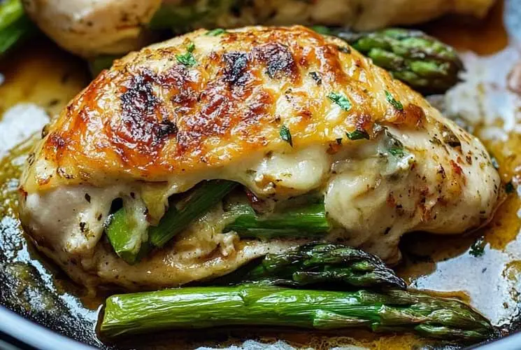 Close-up of oven-baked chicken breast stuffed with vibrant asparagus and melted cheese, topped with golden brown crust and fresh herbs in a skillet.