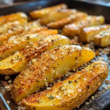 Close-up of crispy baked garlic Parmesan potato wedges on a baking tray, topped with herbs and melted Parmesan cheese