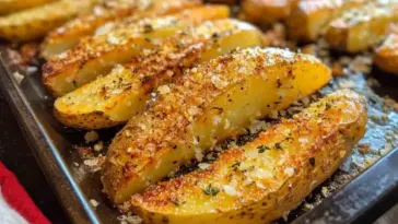 Close-up shot of golden baked potato wedges topped with garlic, Parmesan, herbs, and coarse salt on a dark baking tray
