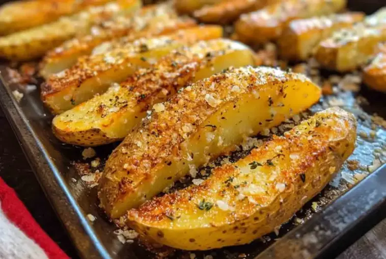Close-up shot of golden baked potato wedges topped with garlic, Parmesan, herbs, and coarse salt on a dark baking tray