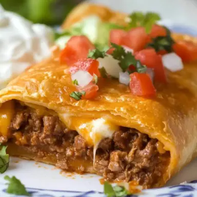 Close-up of a crispy beef and cheese chimichanga cut open to reveal seasoned ground beef and melted cheese, topped with diced tomato, onion, and cilantro, served with sour cream on a patterned plate.