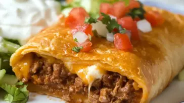 Golden-brown beef and cheese chimichanga cut open to reveal a juicy ground beef filling with melted cheese, topped with chopped tomato, onion, and cilantro, served with sour cream and guacamole.