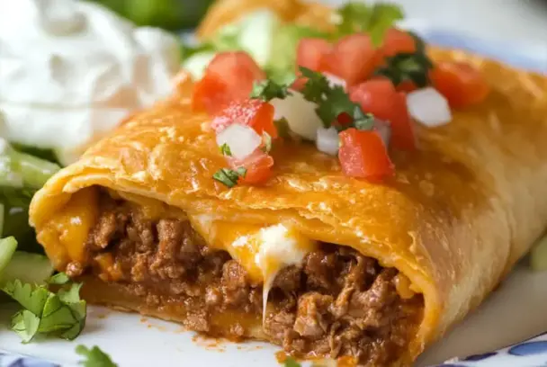 Golden-brown beef and cheese chimichanga cut open to reveal a juicy ground beef filling with melted cheese, topped with chopped tomato, onion, and cilantro, served with sour cream and guacamole.