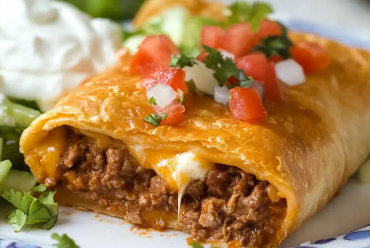Golden-brown beef and cheese chimichanga cut open to reveal a juicy ground beef filling with melted cheese, topped with chopped tomato, onion, and cilantro, served with sour cream and guacamole.