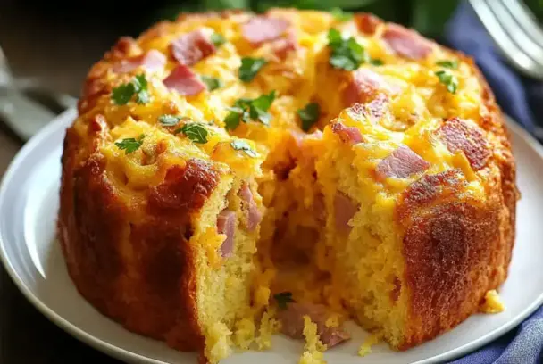 Savory breakfast Bundt cake with ham, cheese, and parsley on top, sliced to reveal a fluffy, golden interior—ideal for brunch or meal prepping.