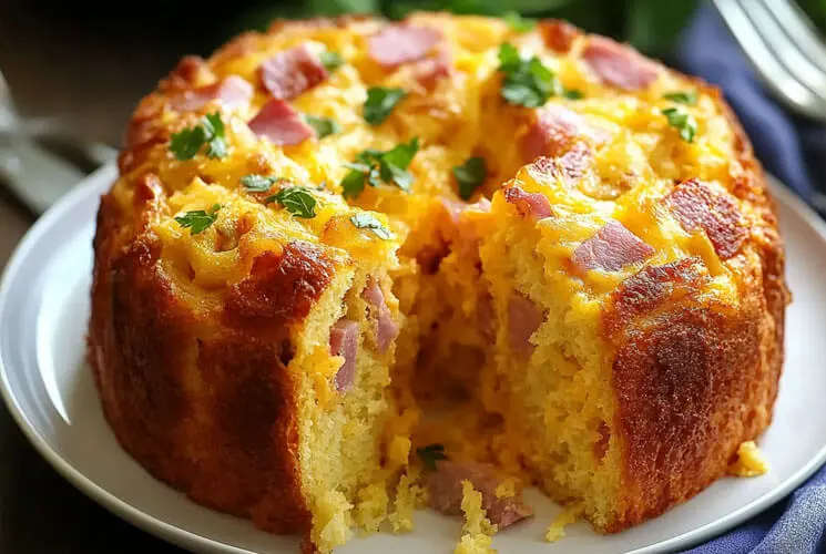 Savory breakfast Bundt cake with ham, cheese, and parsley on top, sliced to reveal a fluffy, golden interior—ideal for brunch or meal prepping.