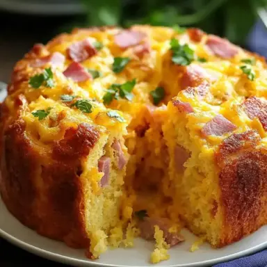 Golden savory Bundt cake filled with ham and cheese, topped with fresh parsley, served sliced on a white plate—perfect for a hearty breakfast or brunch.
