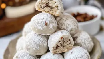 A festive plate stacked high with classic buttery pecan snowball cookies, each dusted with powdered sugar and filled with chopped toasted pecans.