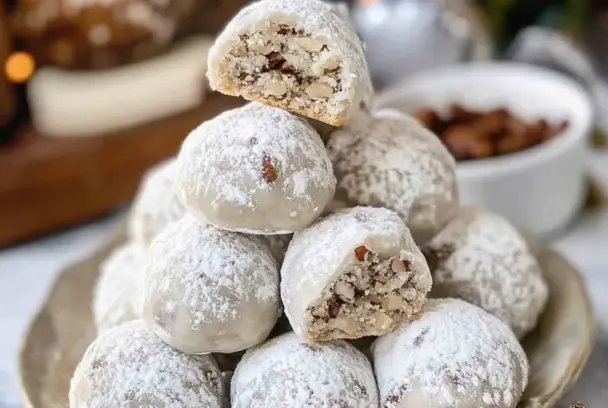 A festive plate stacked high with classic buttery pecan snowball cookies, each dusted with powdered sugar and filled with chopped toasted pecans.