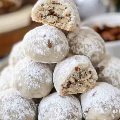 A stack of buttery pecan snowball cookies coated in powdered sugar, with one cookie cut open to show a tender, nut-filled center.