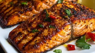 Grilled Cajun salmon fillets with char marks, garnished with fresh parsley, red pepper flakes, and lemon wedges on a white serving plate.
