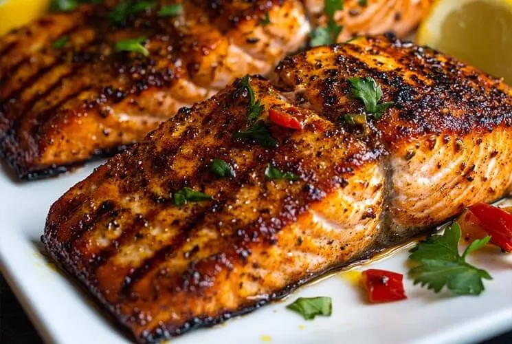 Grilled Cajun salmon fillets with char marks, garnished with fresh parsley, red pepper flakes, and lemon wedges on a white serving plate.