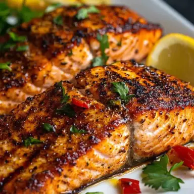 Close-up of Cajun grilled salmon fillets on a white plate, garnished with parsley and served with lemon wedges and red pepper.