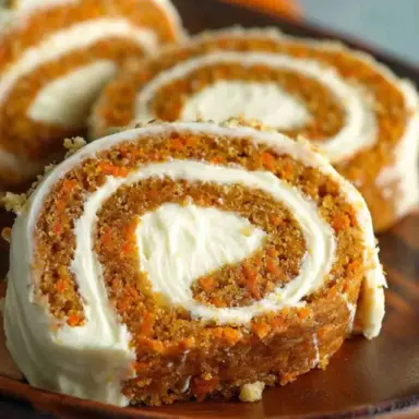 Close-up of a moist carrot cake roll with a thick swirl of cream cheese filling, sliced and served on a wooden plate.