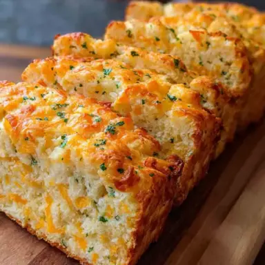 Sliced loaf of golden-baked Cheddar Cheese Quick Bread with parsley and melted cheese on a wooden cutting board.