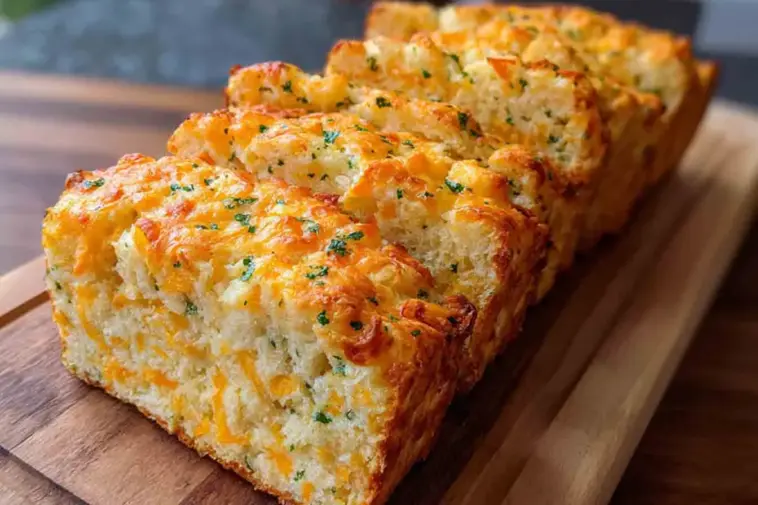 Sliced loaf of golden-baked Cheddar Cheese Quick Bread with parsley and melted cheese on a wooden cutting board.