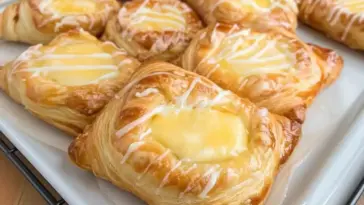Tray of golden brown Cheese Danishes with flaky puff pastry, cream cheese filling, and vanilla glaze, cooling on a wire rack.