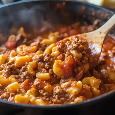 Close-up of cheesy American goulash with ground beef, elbow macaroni, and tomato sauce simmering in a skillet with a wooden spoon
