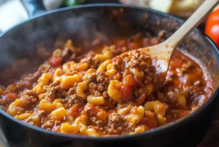 Steaming pot of cheesy American goulash with ground beef, elbow macaroni, and tomato sauce being stirred with a wooden spoon