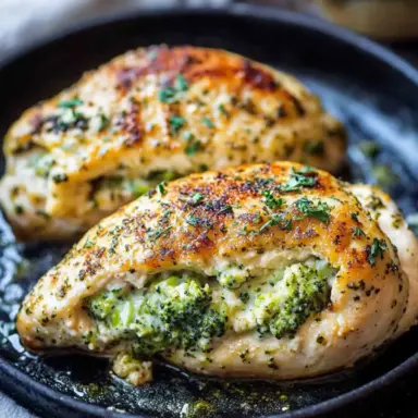 Close-up of juicy oven-baked chicken breasts stuffed with creamy broccoli and cheese, seasoned with herbs and pan-seared for a golden crust.