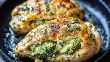 Golden-brown chicken breasts stuffed with creamy broccoli and melted cheese, garnished with parsley and served hot in a skillet.