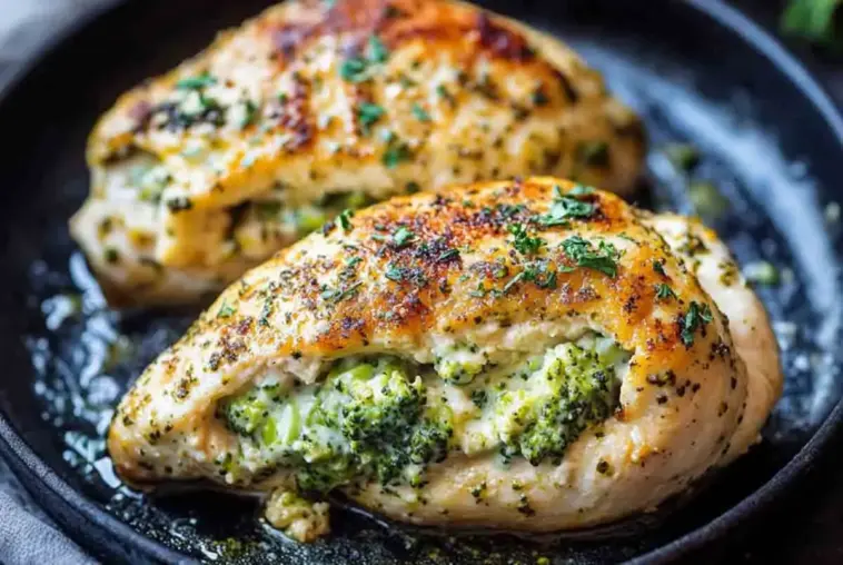 Golden-brown chicken breasts stuffed with creamy broccoli and melted cheese, garnished with parsley and served hot in a skillet.