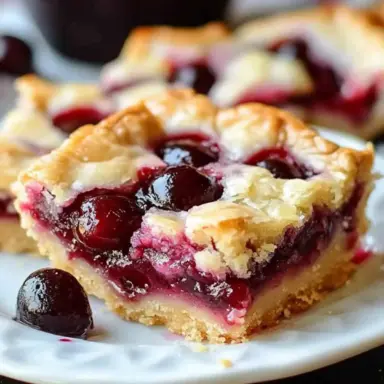 Close-up of homemade cherry pie bars with juicy cherry filling and golden crumble topping, served on a white plate.