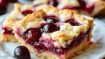 Close-up of a cherry pie bar with golden crust and juicy whole cherries, served on a white plate with more bars blurred in the background.