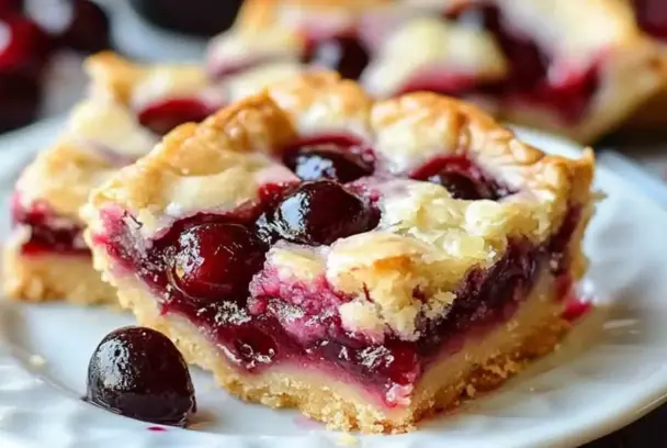 Close-up of a cherry pie bar with golden crust and juicy whole cherries, served on a white plate with more bars blurred in the background.