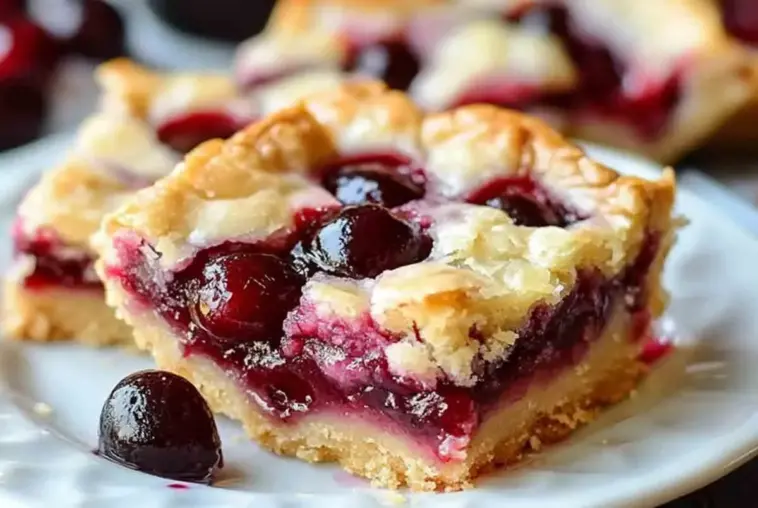 Close-up of a cherry pie bar with golden crust and juicy whole cherries, served on a white plate with more bars blurred in the background.