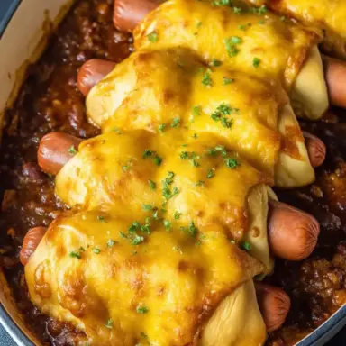Golden chili cheese dog baked casserole with hot dogs wrapped in crescent dough, topped with melted cheddar cheese and garnished with parsley.